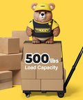Folding Hand Truck 500 LB with stuffed bear on top, boxes showing load capacity, Portable Heavy Duty Dolly Cart, yellow background