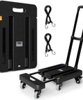 Folding heavy duty hand truck 500 lb luggage cart with 6 wheels and straps opened and folded with elastic ropes shown
