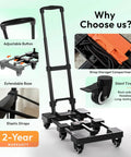 Folding Hand Truck 500lbs, Portable Heavy Duty Dolly Cart with 6 Wheels, strap storage, and adjustable features standing ready for use.