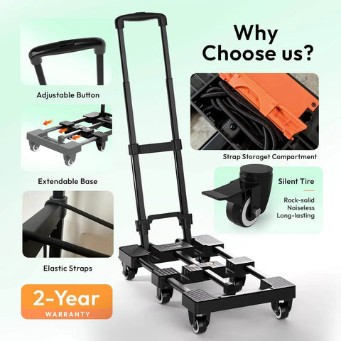 Folding Hand Truck 500lbs, Portable Heavy Duty Dolly Cart with 6 Wheels, strap storage, and adjustable features standing ready for use.