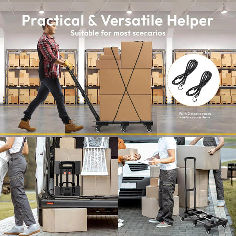 Folding Hand Truck 500lbs, Portable Heavy Duty Dolly Cart, 6 Wheels Collapsible Luggage Cart with 2 Elastic Ropes in use