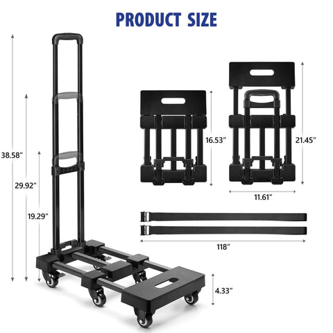 Product size chart of 600 LBS Folding Hand Truck with 6 Wheels(2 with Brake), Hand Truck Foldable with 2 Lashing Straps, steel trolley cart.