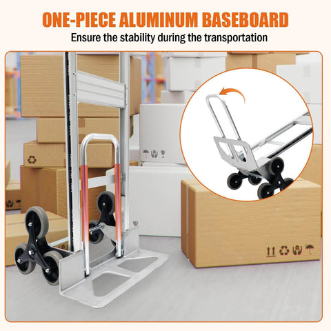 Aluminum Stair Climbing Cart, 600 lbs Capacity Stair Climber Hand Truck Dolly with 6 wheels, shown on warehouse floor with cardboard boxes