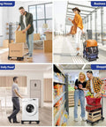 600 LBS Folding Hand Truck with 6 Wheels used in various scenarios like moving house, business trip, laundry, and shopping.