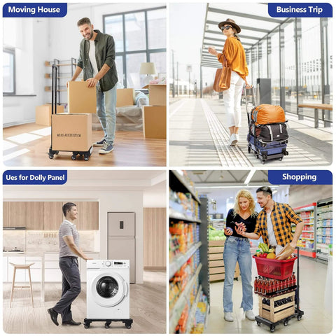 600 LBS Folding Hand Truck with 6 Wheels used in various scenarios like moving house, business trip, laundry, and shopping.