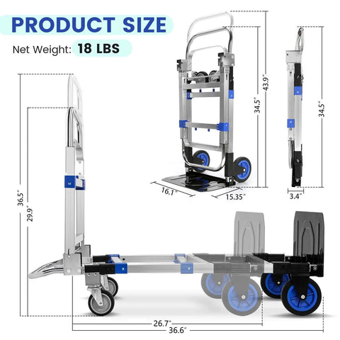 Product diagram of ✝️ Upgraded 3 in 1 Aluminum Folding Hand Truck, 600 lbs Convertible Heavy Duty Dolly Cart with dimensions and features