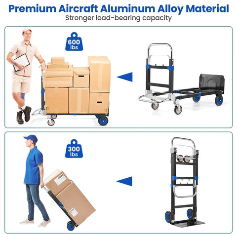3-in-1 Folding Hand Trucks, 600Lbs Convertible Hand Truck Dolly in use with boxed packages on four wheels and 300 lbs on two wheels