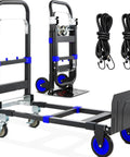 3-in-1 Folding Hand Trucks with Retractable Handle, 600Lbs Convertible Hand Truck Dolly, Heavy Duty Convertible Dolly, 4 Rubber Wheels, Blue