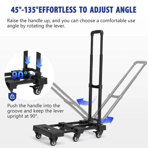 600 LBS Folding Hand Truck with 6 Wheels(2 with Brake), showing handle adjustment mechanism