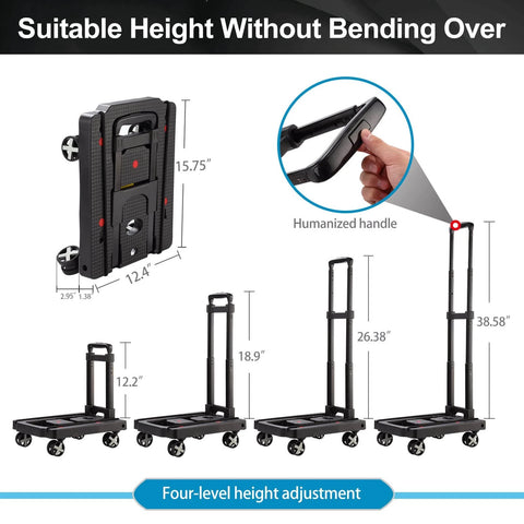 Adjustable Folding Hand Truck Dolly with 4 Rotate Wheels, shown in folded and extended positions, featuring humanized handle design