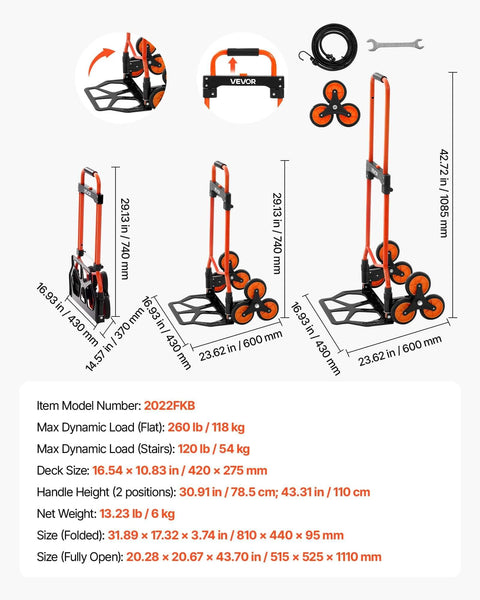 Stair Climbing Cart 260 LBS, Portable Folding Aluminum Trolley Dolly for Stairs with orange frame, telescoping handle, 6 wheels, and ropes.