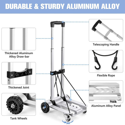 270LBS Utility Luggage Cart with 4 Wheels, 100% Aluminum Hand Truck Dolly, showing telescoping handle and tank wheels