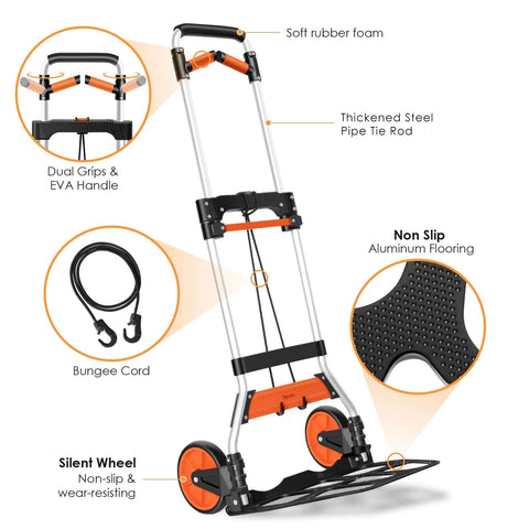 Dolly Cart, 309 lb Aluminum Folding Hand Truck with Swivel Handle, showcasing dual grips, EVA handle, and bungee cord.