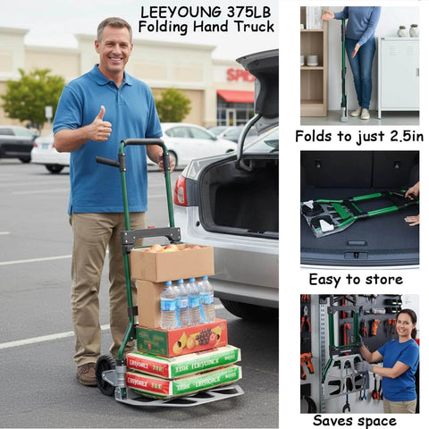 Man using Upgraded Folding Hand Truck Dolly Cart Heavy-Duty 375lb in parking lot with groceries, showing folding capability and storage options.