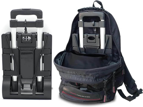 Folding Hand Truck Aluminum Trolley, Small Dolly, foldable into backpack, shown with expandable large chassis and compact design.