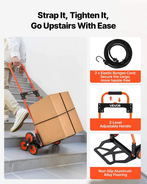 Stair Climbing Cart 260 LBS with Telescoping Handle in use on stairs, shown with 6 Mute Wheels, 2 Ropes, and accessories