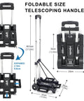 Folding Hand Truck Aluminum Trolley with telescoping handle, showcasing dimensions and foldable features, compact design for easy storage