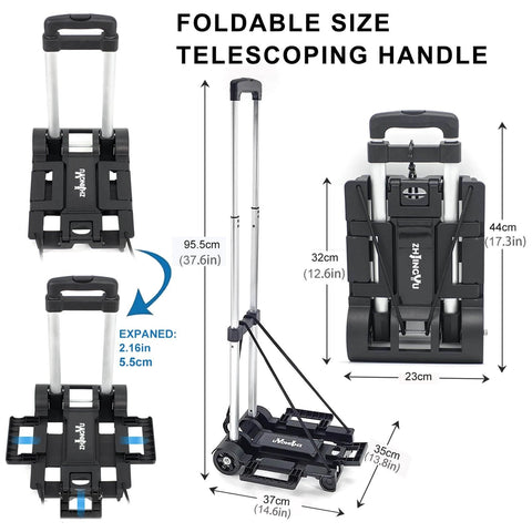 Folding Hand Truck Aluminum Trolley with telescoping handle, showcasing dimensions and foldable features, compact design for easy storage