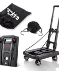 Black folding hand truck dolly with adjustable handle and rotate wheels, includes carrying bag and strap, great for moving heavy objects.