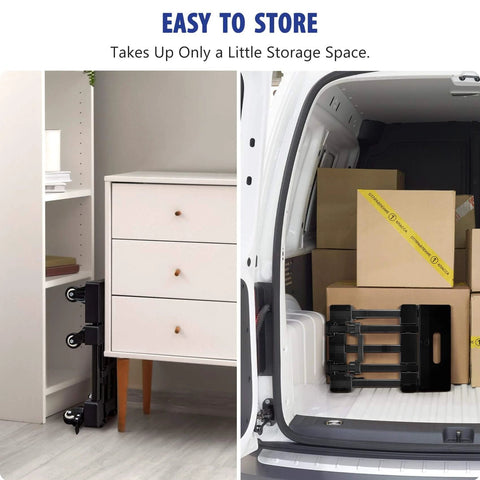 600 LBS Folding Hand Truck with 6 Wheels shown stored compactly beside furniture and in van with boxes