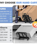 Comparison of folding hand truck aluminum trolley versus competitors, highlighting extendable base and durable wheels for heavy loads