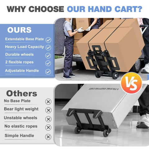 Comparison of folding hand truck aluminum trolley versus competitors, highlighting extendable base and durable wheels for heavy loads