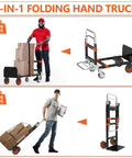 2-in-1 folding hand truck used to carry boxes, featuring steel frame, telescopic handle, foldable design, supports 500 LBS and 220 LBS.