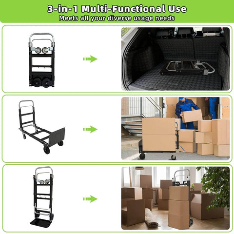 3 In 1 Folding Hand Truck With Retractable Handle And Four Rubber Wheels Heavy Duty Collapsible Cart used in various settings