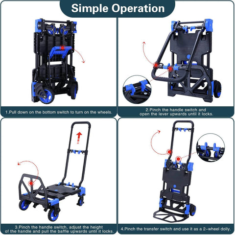 Instructions for 2-in-1 Hand Truck Dolly Foldable,330LB Capacity Hand Dolly illustrating folding and setup process with retractable handle.