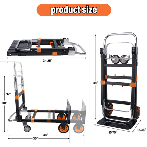 Upgraded 3 in 1 Folding Hand Truck dimensions, 500lbs Capacity Heavy Duty Convertible Dolly cart measurements with Rubber Wheels and Telescopic Handle