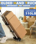 Small Folding Hand Truck Dolly with 2 Wheels carrying boxes, lightweight aluminum, foldable for moving and airport travel, 110lb capacity.