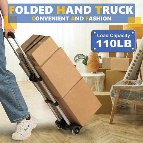 Small Folding Hand Truck Dolly with 2 Wheels carrying boxes, lightweight aluminum, foldable for moving and airport travel, 110lb capacity.