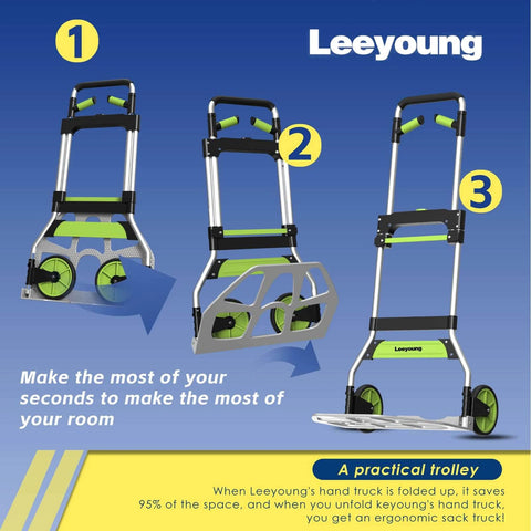 Three stages of the ✝️ Folding Hand Truck and Dolly,309 lb Capacity Aluminum Portable Cart with Telescoping Handle and PP+EVA Wheels.