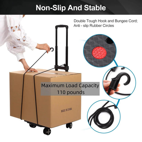 Person using ✝️ Folding Hand Truck Lightweight Hand Truck Dolly Foldable with 4 rotate wheels, carrying a box with bungee cord handle.