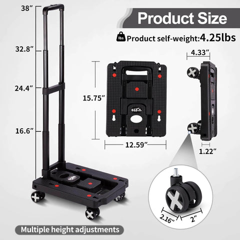Folding Hand Truck Lightweight Hand Truck Dolly Foldable with 4 rotate wheels, adjustable handle, and collapsible design in black.