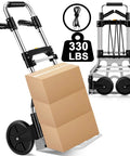 330 LB Capacity Folding Hand Truck Dolly Cart with cardboard box, portable aluminum dolly with telescoping handle and rubber wheels