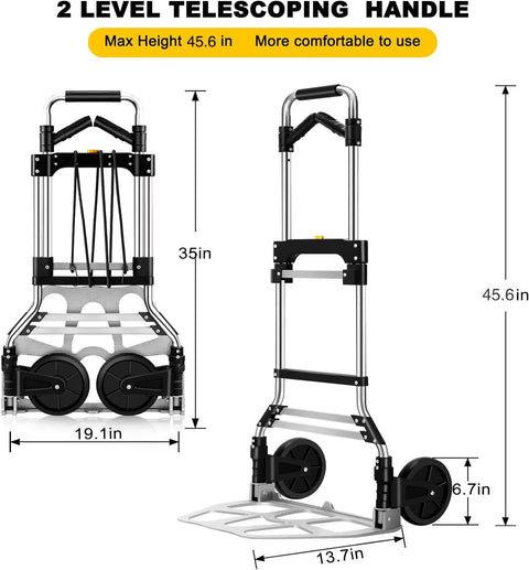 330 LB Capacity Folding Hand Truck Dolly Cart with telescoping handle, 6.7 inch rubber wheels, portable aluminum design for moving and travel
