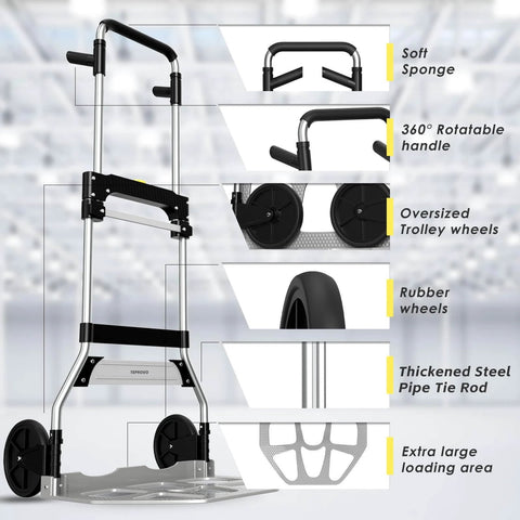 Folding Hand Truck Dolly Cart with 340LB Capacity, telescoping handle, 7 inch rubber wheels, and thickened steel pipe for various uses.