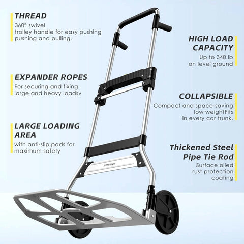 ✝️ Folding Hand Truck Dolly Cart,340LB Capacity Portable Aluminum Dolly Cart with Telescoping Handle and 7 Inch Rubber Wheels, side view