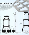 Diagram of Folding Hand Truck Dolly Cart with 340LB capacity, telescoping handle, and 7-inch rubber wheels, showing dimensions and backplane design.