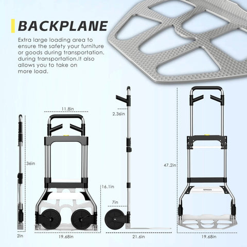 Diagram of Folding Hand Truck Dolly Cart with 340LB capacity, telescoping handle, and 7-inch rubber wheels, showing dimensions and backplane design.