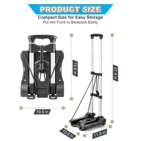 Small Folding Hand Truck Dolly with 2 Wheels, Lightweight Aluminum Foldable Luggage Cart dimensions and compact design displayed