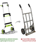 Comparison of modern Folding Hand Truck and Dolly, 309 lb Capacity Aluminum Portable Cart with Telescoping Handle and old steel model.
