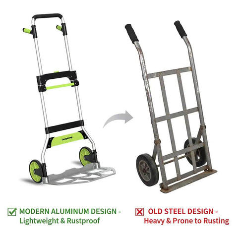 Comparison of modern Folding Hand Truck and Dolly, 309 lb Capacity Aluminum Portable Cart with Telescoping Handle and old steel model.
