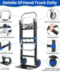 3-in-1 Folding Hand Trucks, 600Lbs Convertible Hand Truck Dolly with retractable handle and rubber wheels, detailed features view
