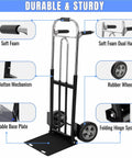 Diagram of Folding Hand Truck Dolly - 600 LB Capacity, showing soft foam handles, rubber wheels, foldable base, and durable design.