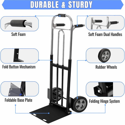 Diagram of Folding Hand Truck Dolly - 600 LB Capacity, showing soft foam handles, rubber wheels, foldable base, and durable design.