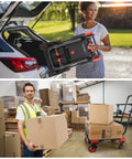 330LB Folding Hand Truck Heavy Duty Carrying Convertible Dolly Cart with Retractable Handle shown being used for moving boxes and luggage.