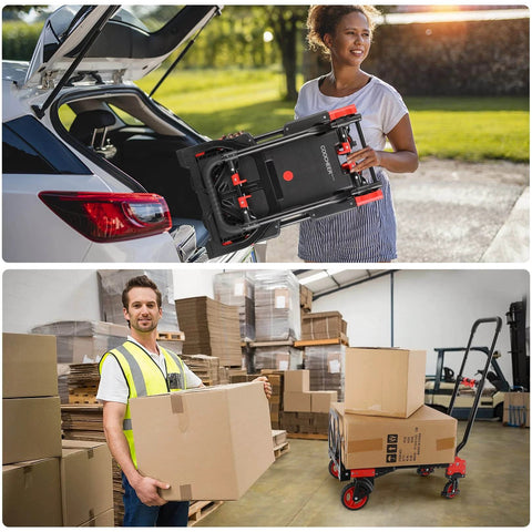 330LB Folding Hand Truck Heavy Duty Carrying Convertible Dolly Cart with Retractable Handle shown being used for moving boxes and luggage.