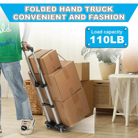 Person using a Small Folding Hand Truck Dolly with 2 Wheels, Lightweight Aluminum Foldable Luggage Cart for moving boxes indoors.